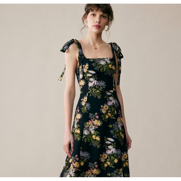 RIHOAS Floral Midi Dress Tie Strap Square Neck Black Yellow Spring Summer S - Picture 1 of 9